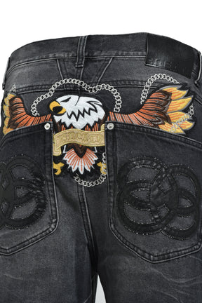 CHAIN ​​EAGLE PATCH DENIM PANTS / BLK 