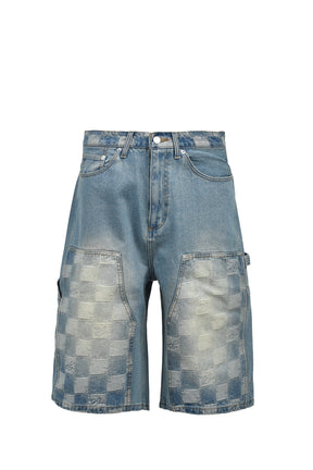 BLOCK CHECK DOUBLE KNEE DENIM SHORTS / IND