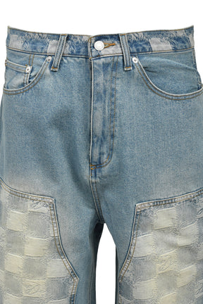 BLOCK CHECK DOUBLE KNEE DENIM SHORTS / IND