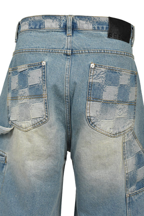 BLOCK CHECK DOUBLE KNEE DENIM SHORTS / IND
