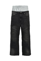 LAYERED BIKER DENIM PANTS / BLK