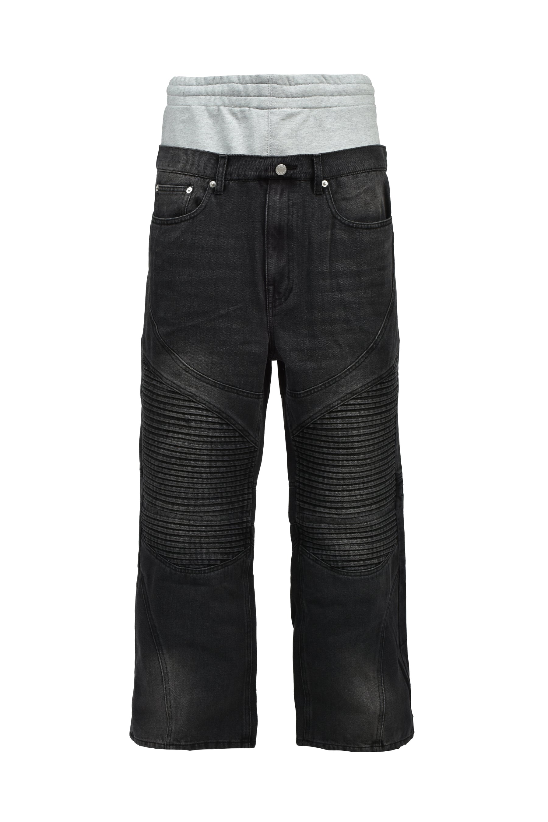 LAYERED BIKER DENIM PANTS / BLK