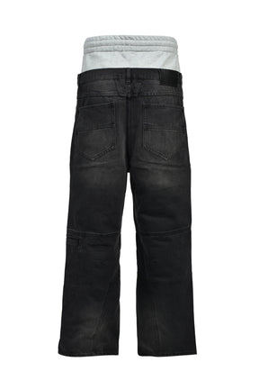LAYERED BIKER DENIM PANTS / BLK
