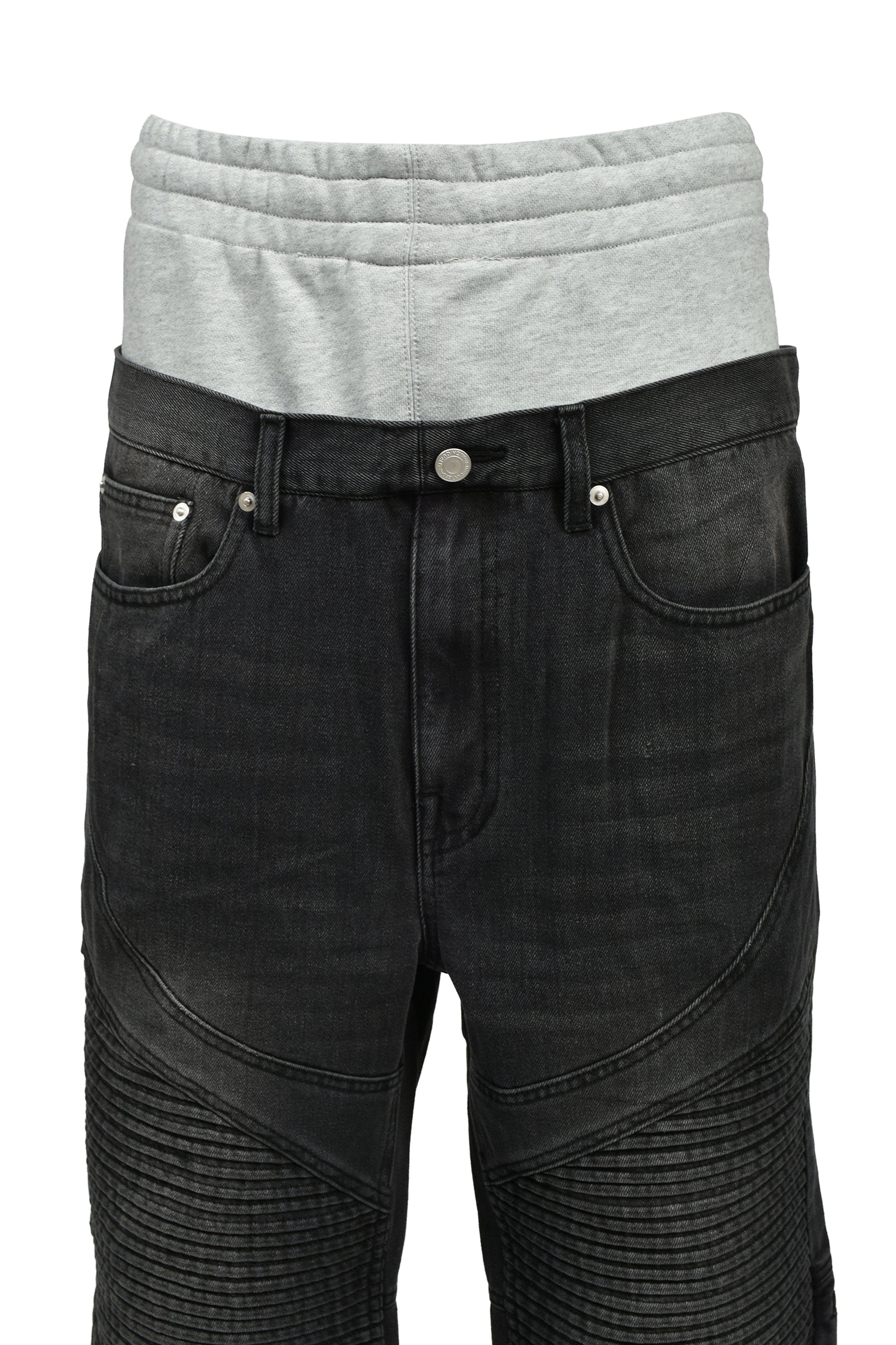 LAYERED BIKER DENIM PANTS / BLK
