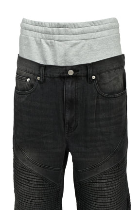LAYERED BIKER DENIM PANTS / BLK