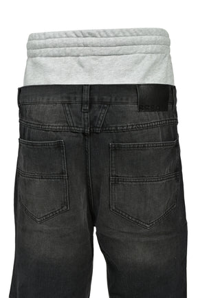 LAYERED BIKER DENIM PANTS / BLK