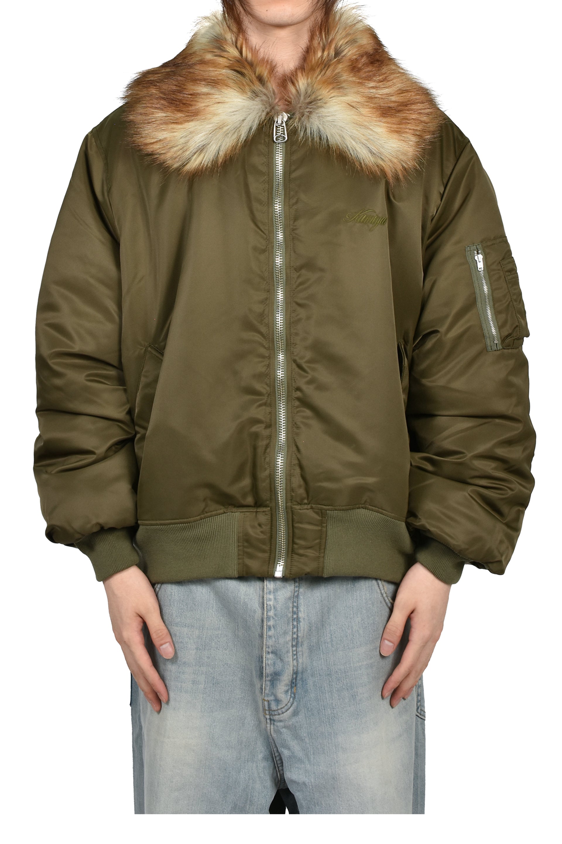 EMBROIDERED FUR COLLAR FLIGHT JACKET / KHA