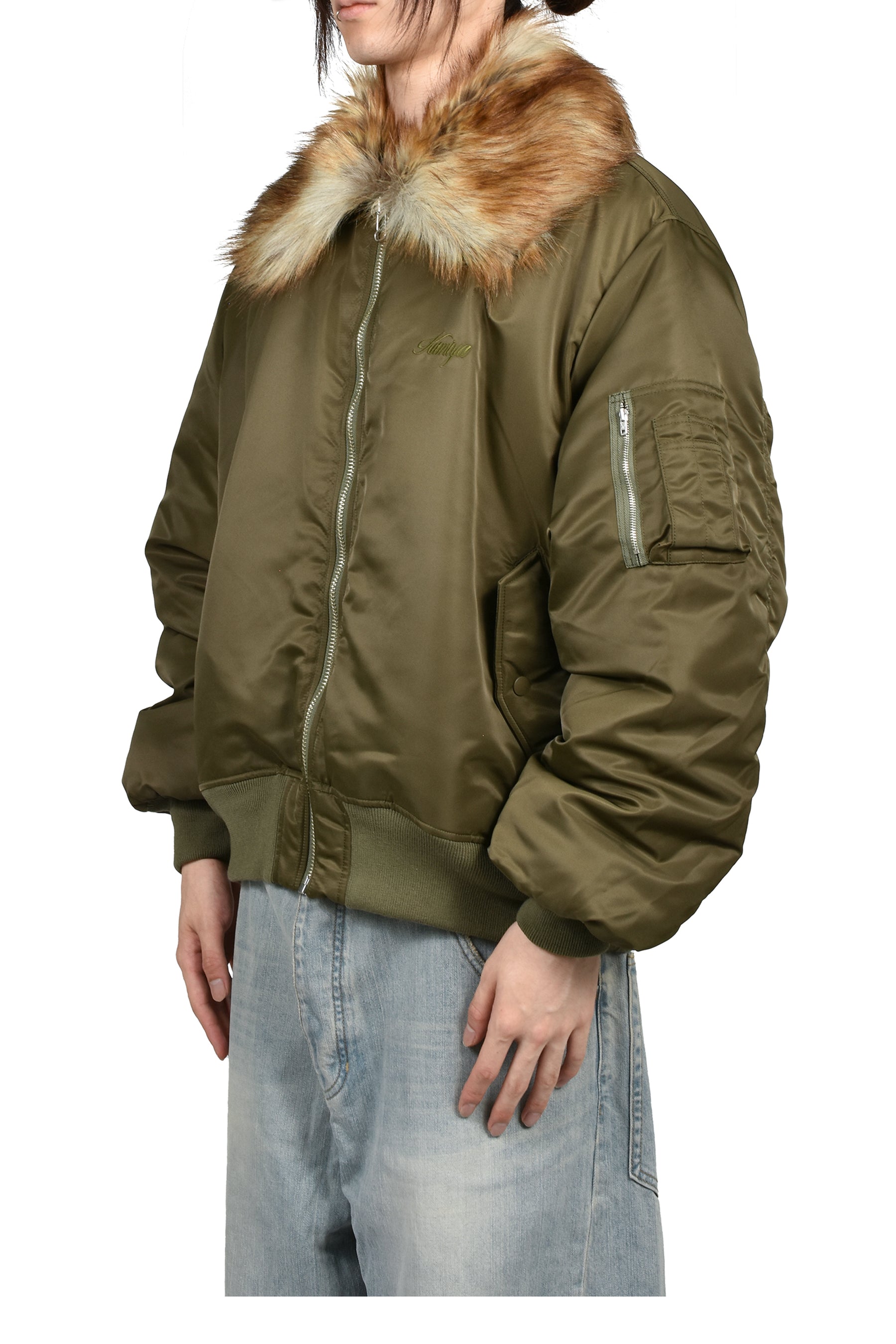 EMBROIDERED FUR COLLAR FLIGHT JACKET / KHA