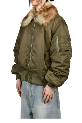 EMBROIDERED FUR COLLAR FLIGHT JACKET / KHA