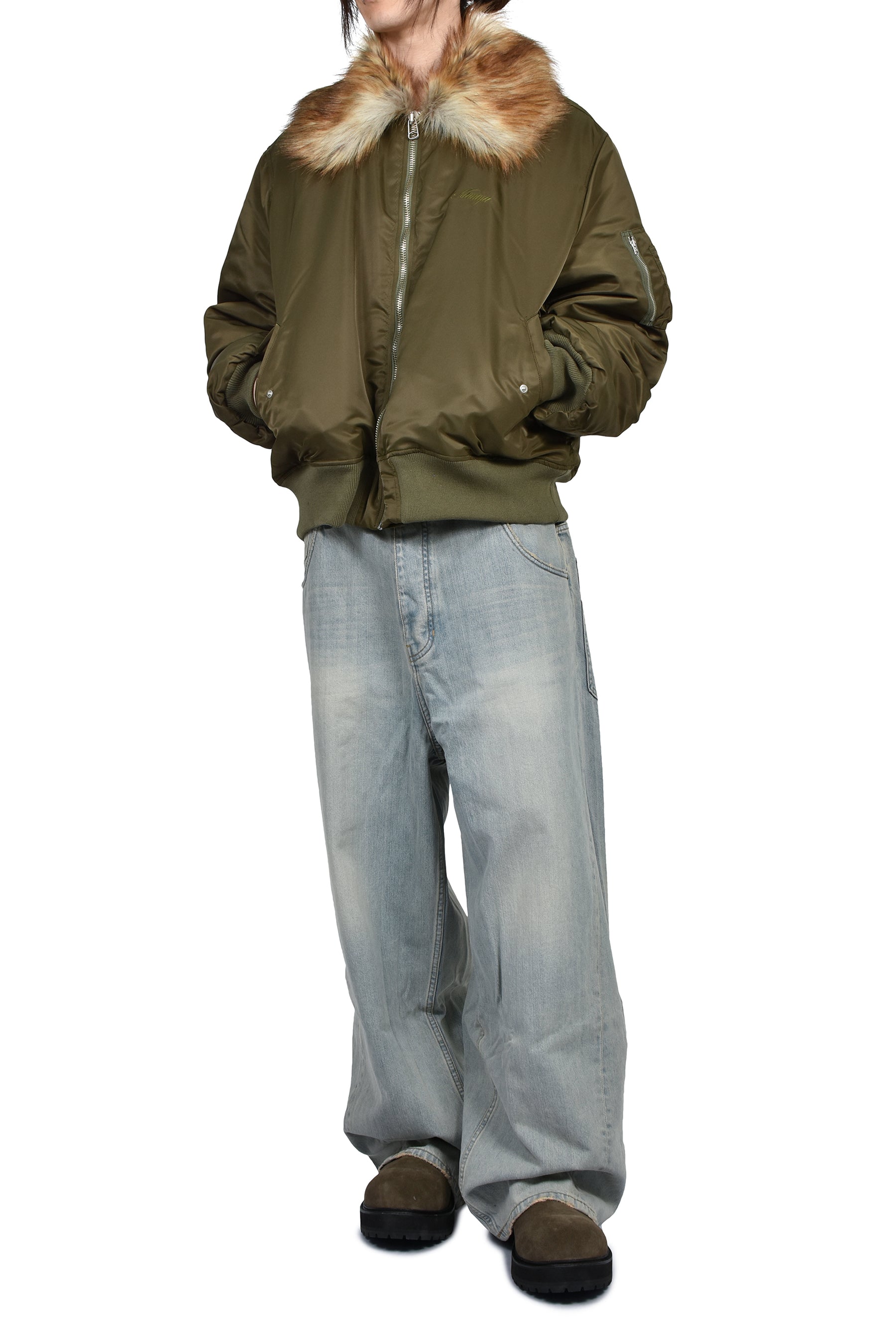 EMBROIDERED FUR COLLAR FLIGHT JACKET / KHA
