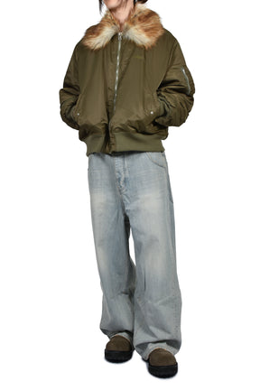 EMBROIDERED FUR COLLAR FLIGHT JACKET / KHA