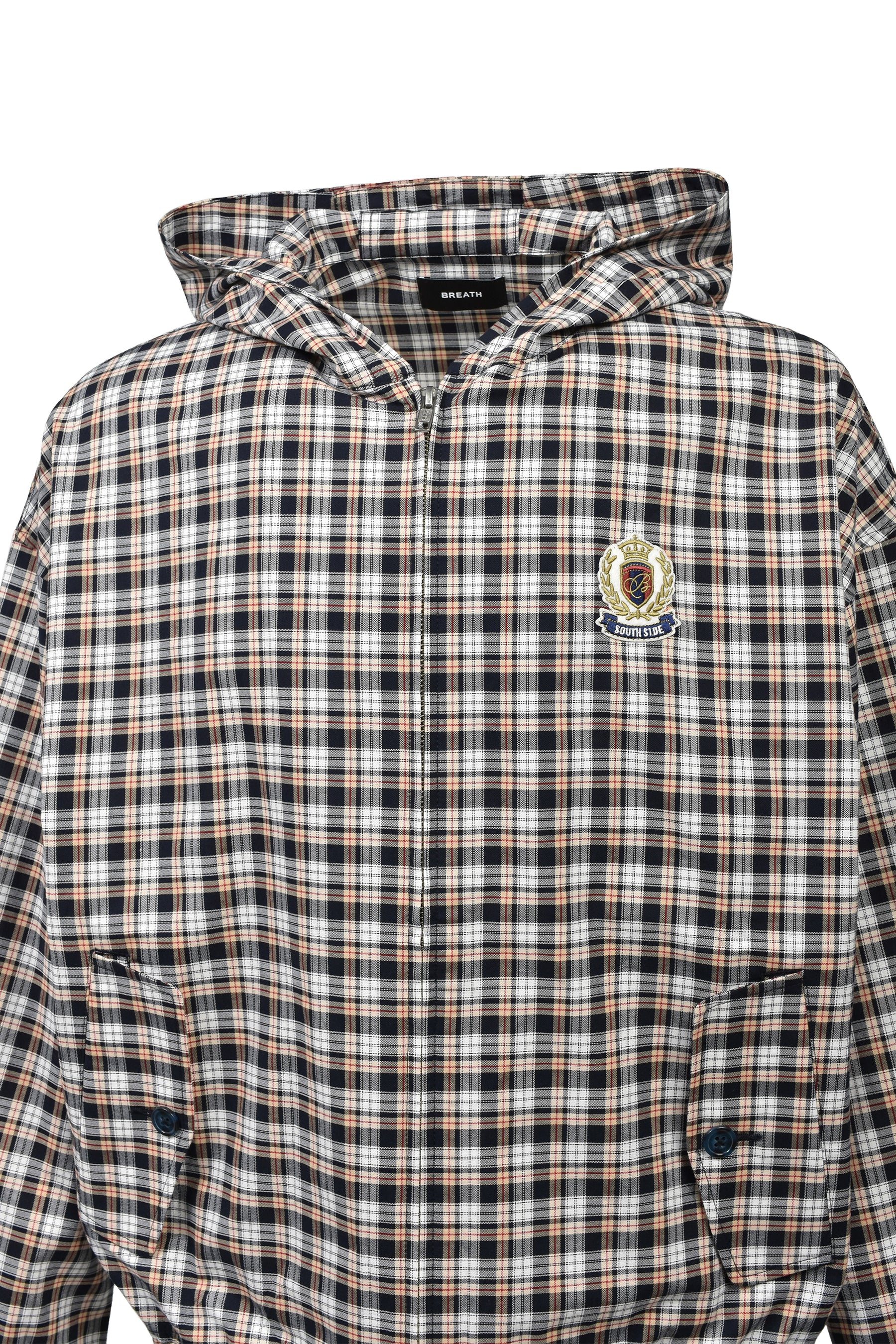 EMBLEM LOGO CHECK ZIP UP HOODIE / WHT