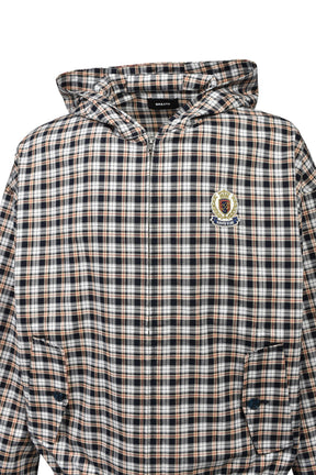EMBLEM LOGO CHECK ZIP UP HOODIE / WHT