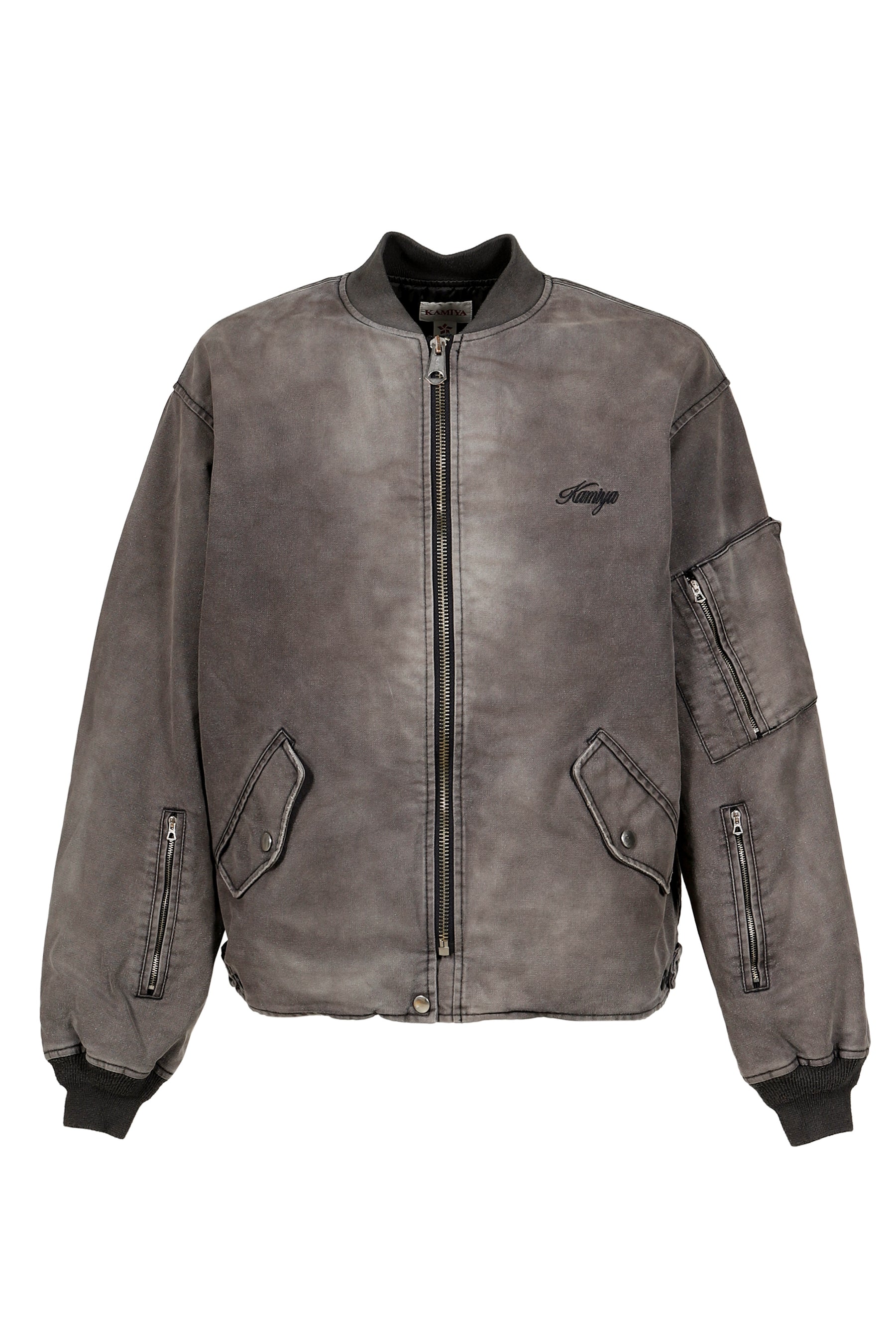 EMBROIDERED HEAVY SUN-FADED FLIGHT JACKET / D.GRY