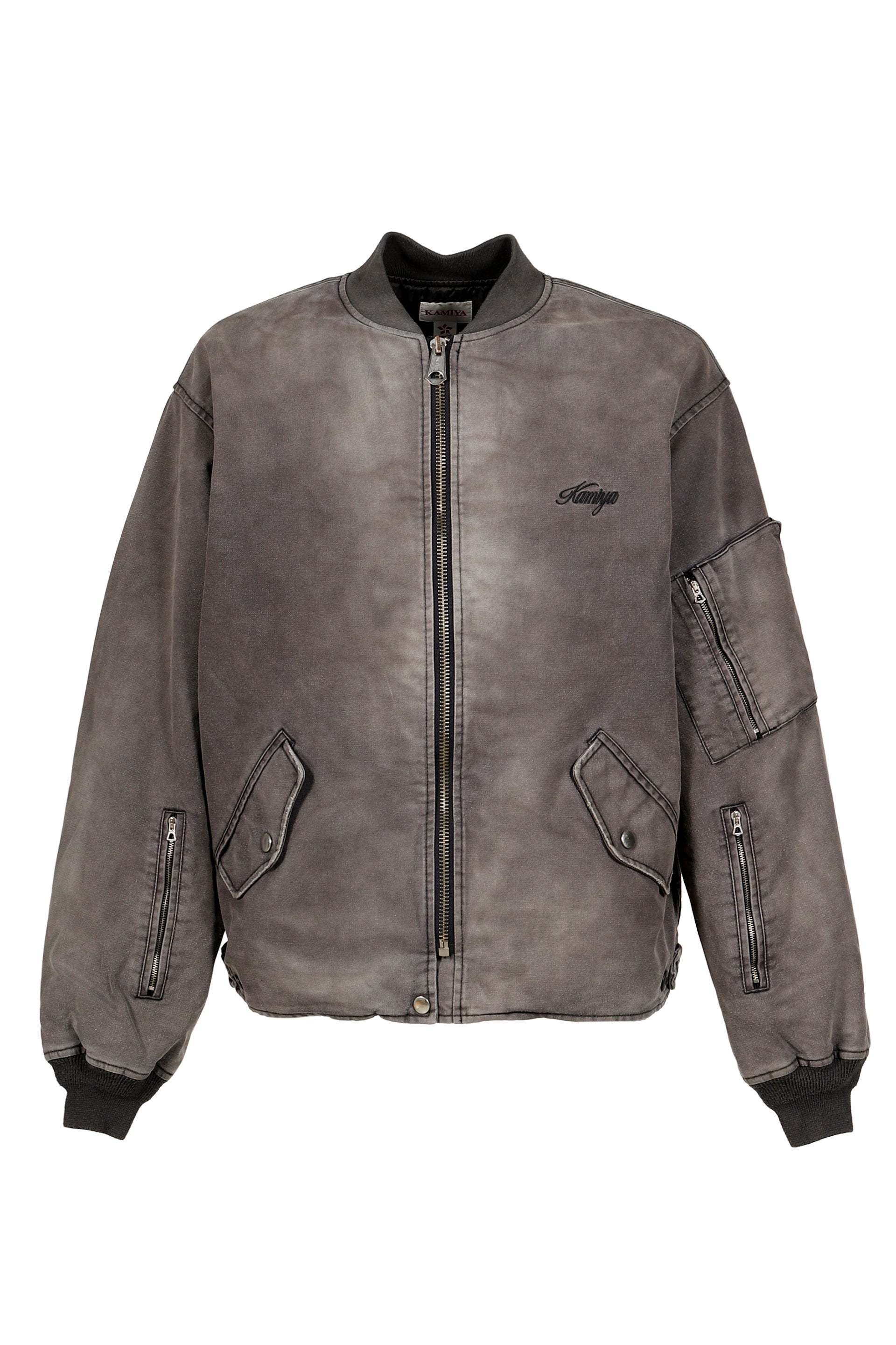 EMBROIDERED HEAVY SUN-FADED FLIGHT JACKET / D.GRY