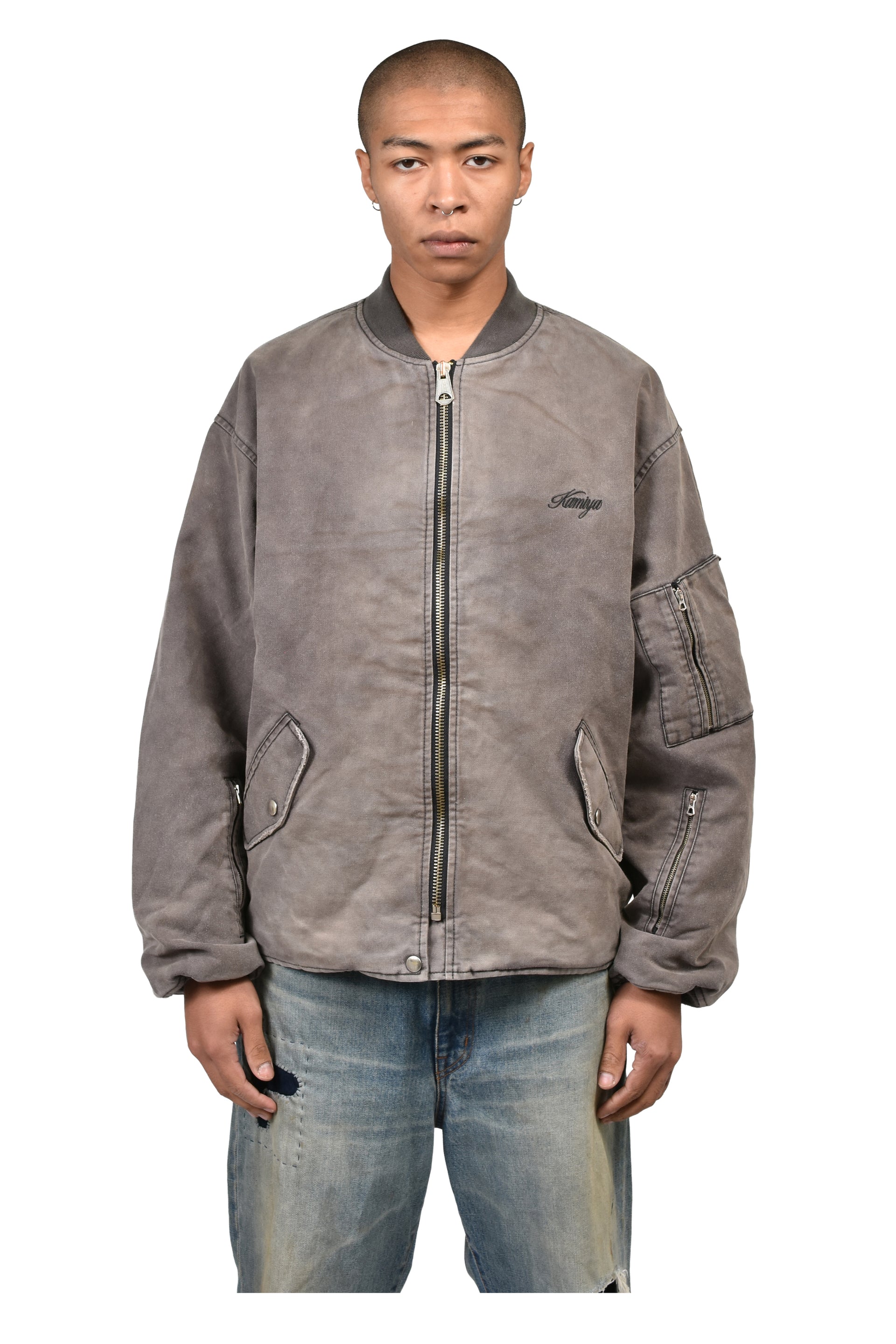 EMBROIDERED HEAVY SUN-FADED FLIGHT JACKET / D.GRY