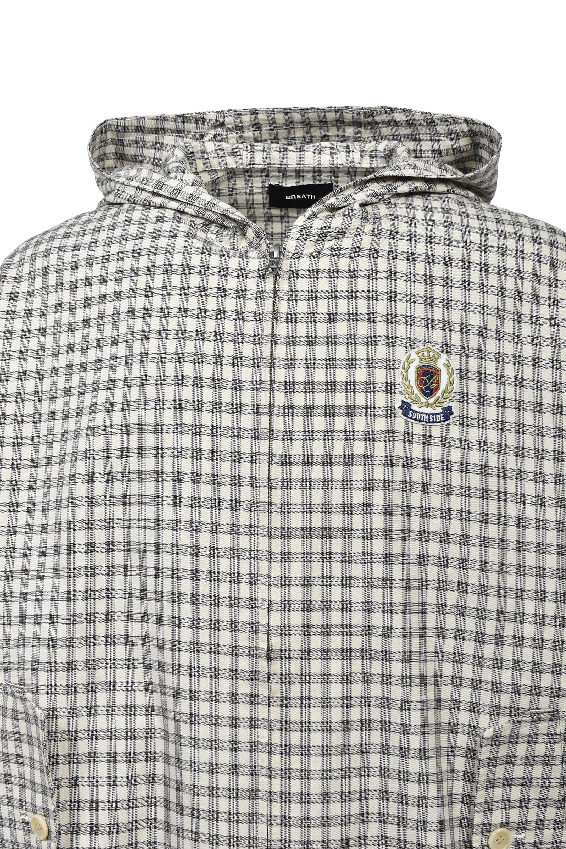 EMBLEM LOGO CHECK ZIP UP HOODIE / BEIGE