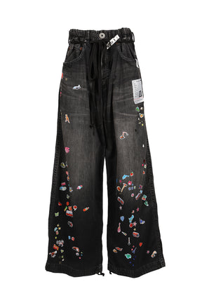 DENIM HUGE DETAIL PANTS W KIDS STICKER / BLK