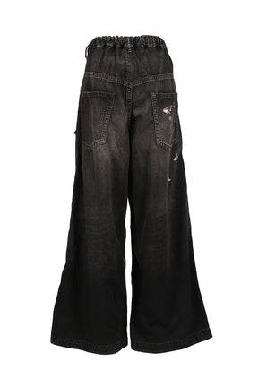 DENIM HUGE DETAIL PANTS W KIDS STICKER / BLK
