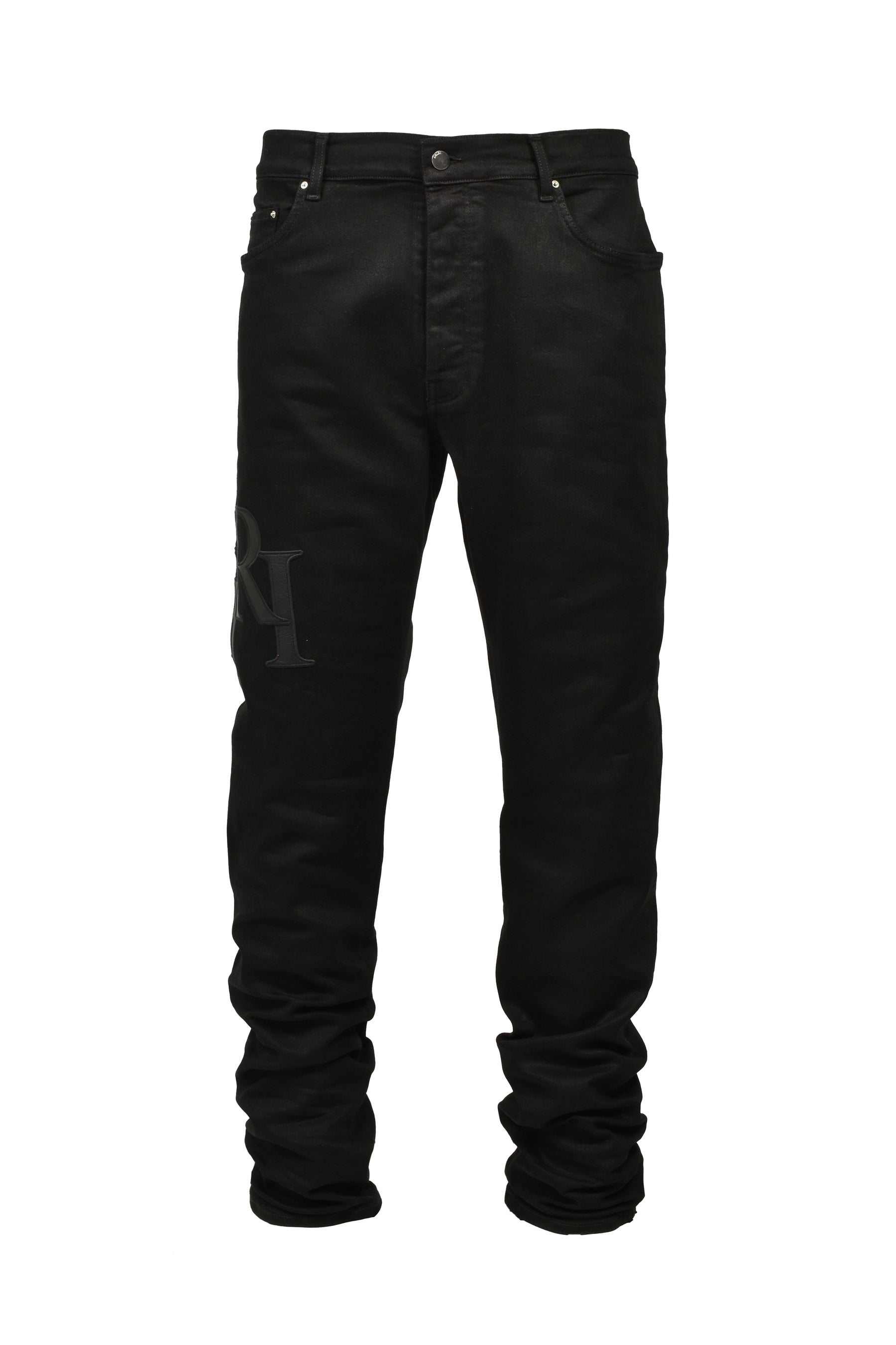 WAXED STAGGERED LOGO SKINNY JEAN / BLK WAX
