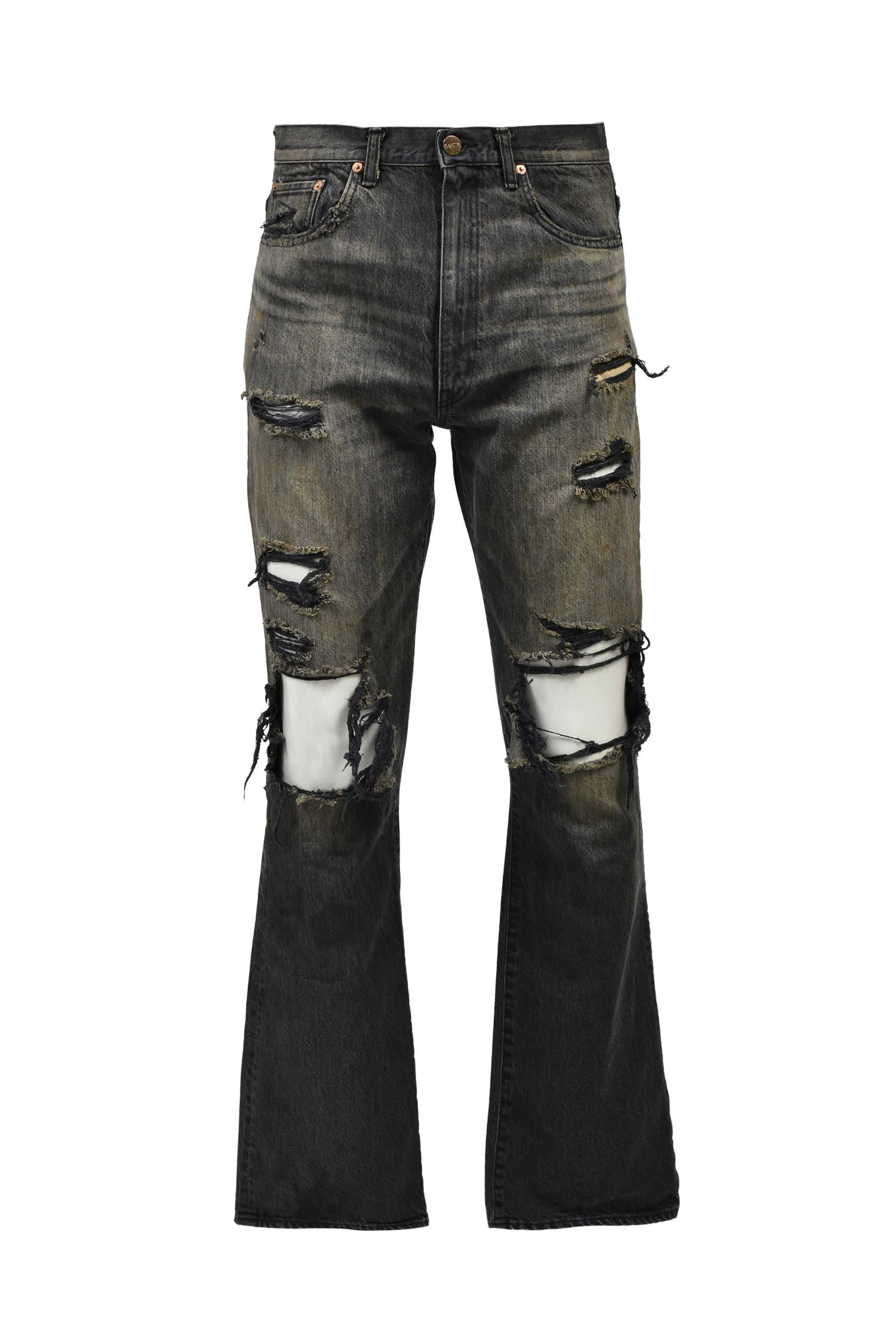 DISTRESSED SLIM BOOTCUT JEANS / BLK