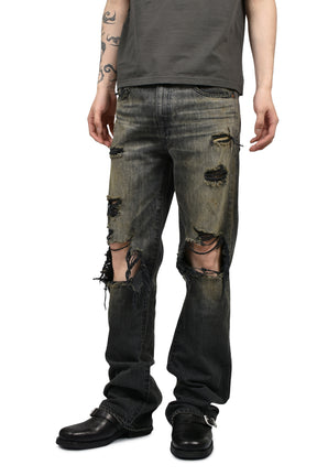 DISTRESSED SLIM BOOTCUT JEANS / BLK