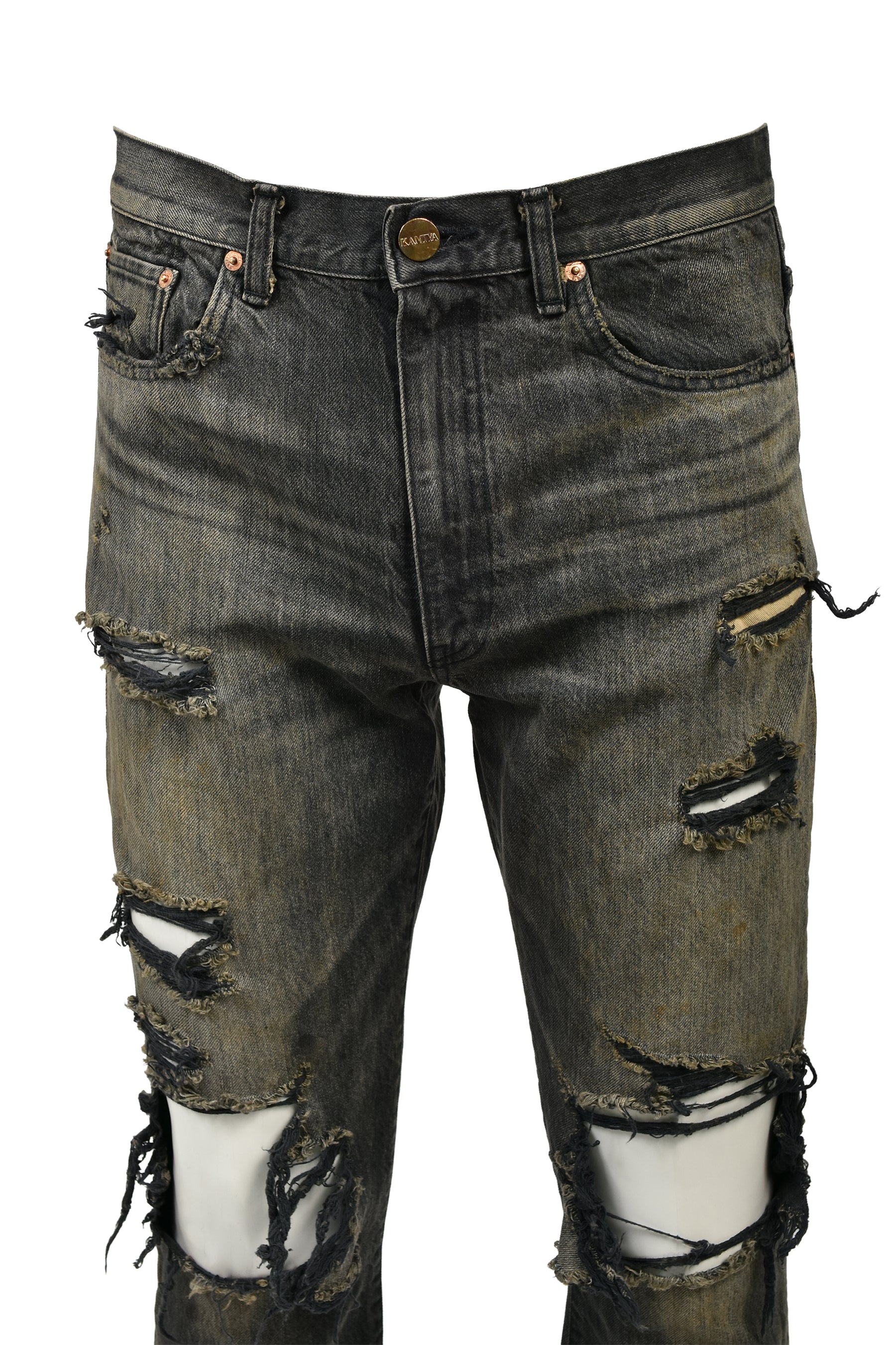 DISTRESSED SLIM BOOTCUT JEANS / BLK