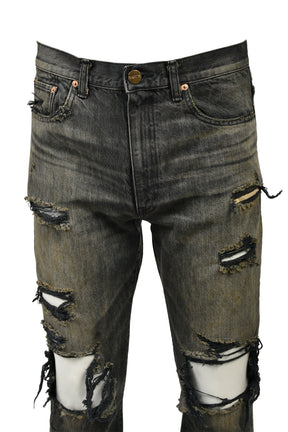DISTRESSED SLIM BOOTCUT JEANS / BLK