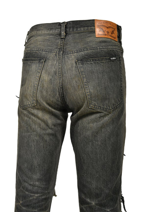 DISTRESSED SLIM BOOTCUT JEANS / BLK