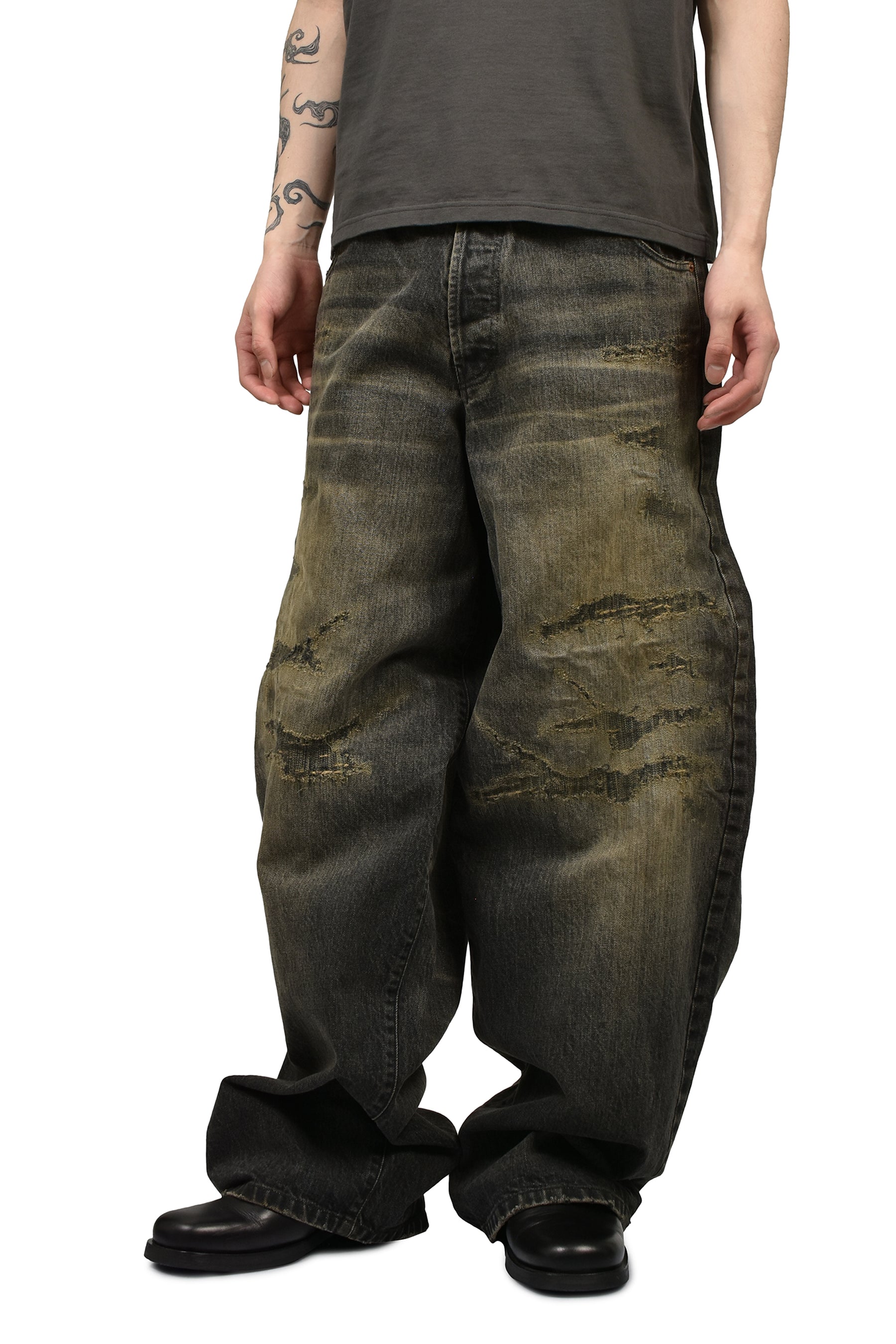 KAMIYA SS26 SUPER BAGGY REPAIRED JEANS / BLK - NUBIAN
