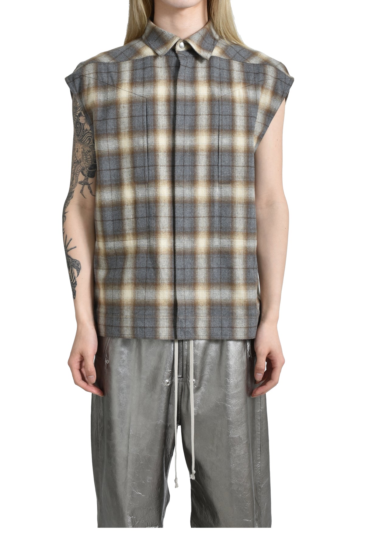 SLEEVELESS JUMBO OUTERSHIRT / GRY PLAID