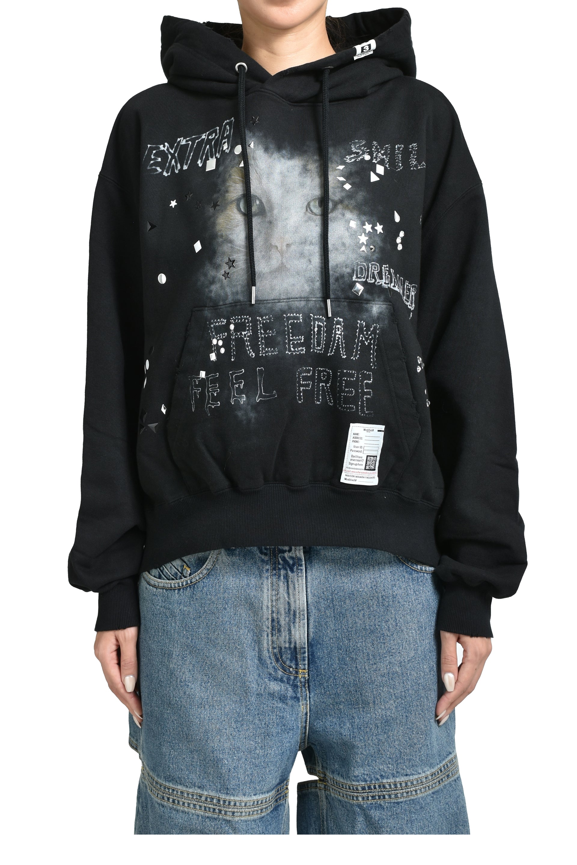 EMBELLISHED DISTRESSED HOODIE / BLK 