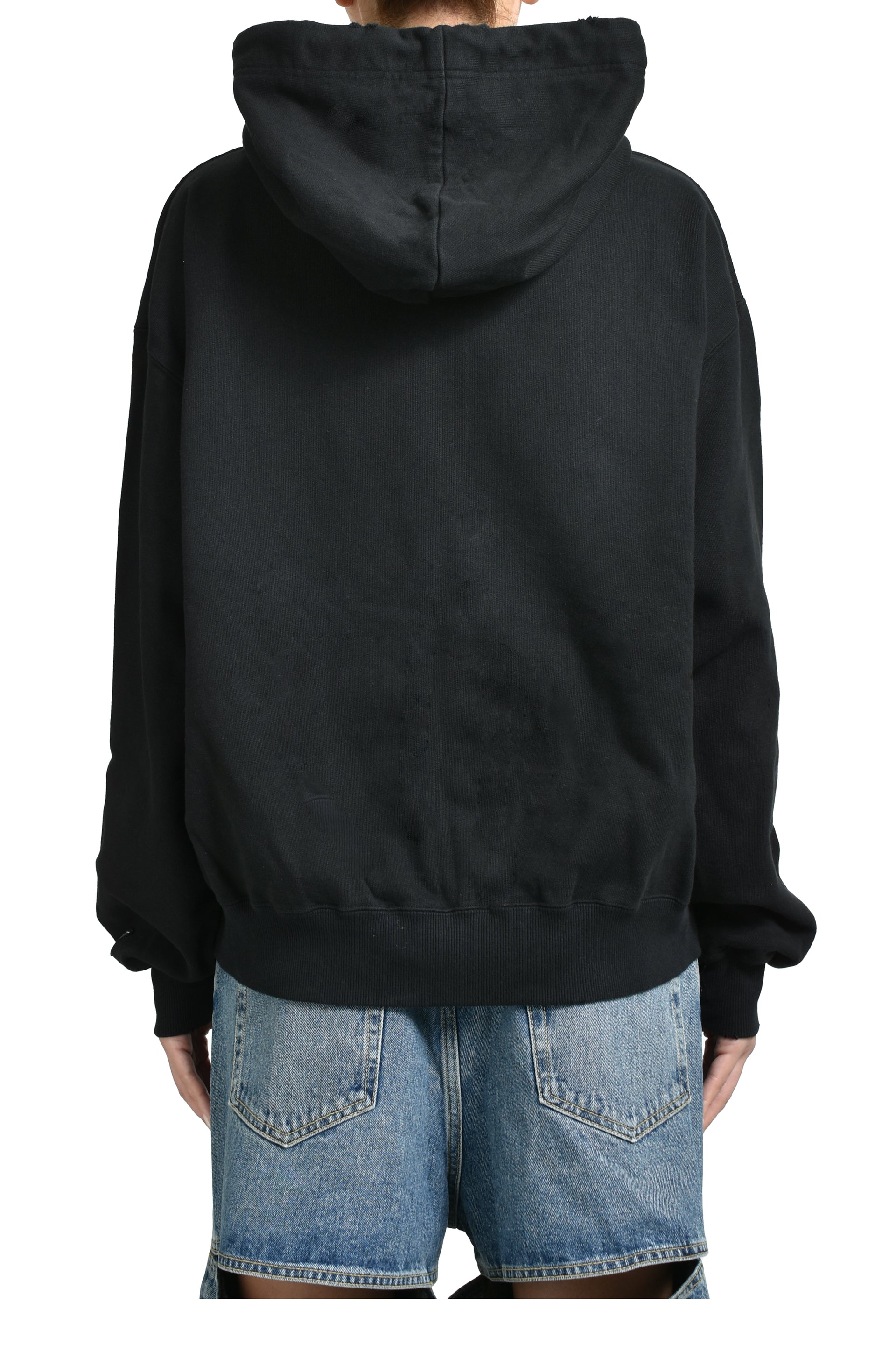 EMBELLISHED DISTRESSED HOODIE / BLK 