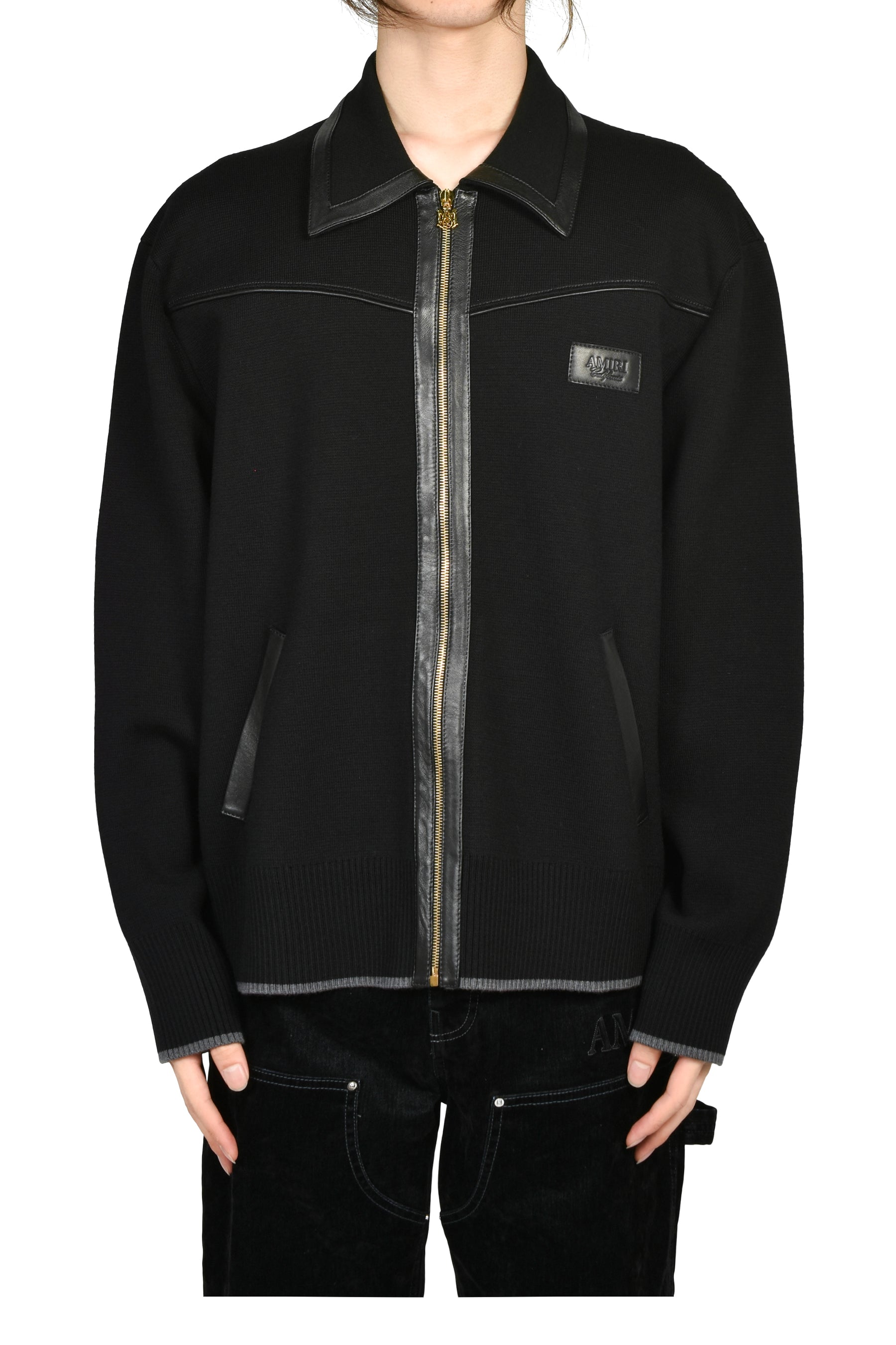 LEATHER TRIM ZIPPED BLOUSON / BLK