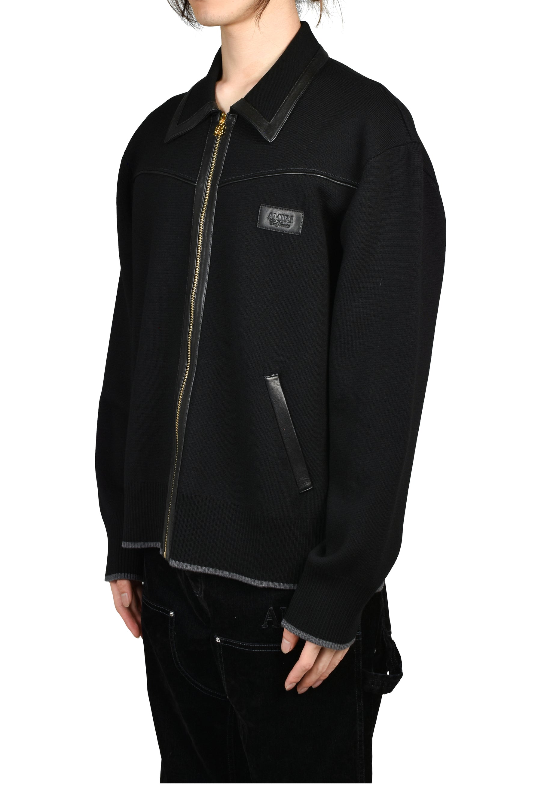 LEATHER TRIM ZIPPED BLOUSON / BLK