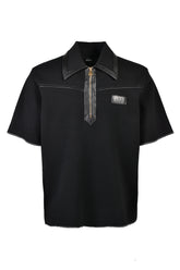 LEATHER TRIM KNIT ZIPPED POLO / BLK