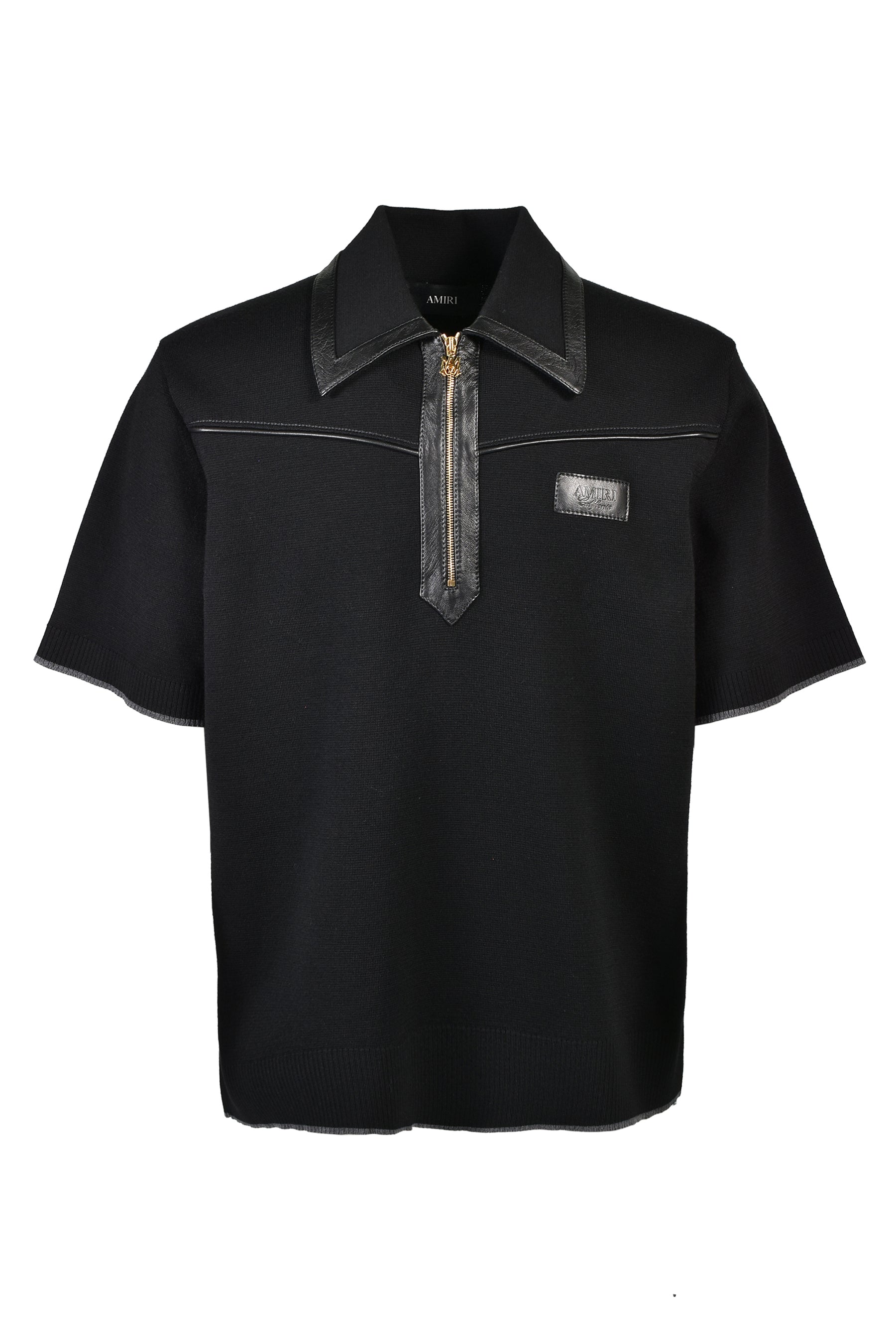 LEATHER TRIM KNIT ZIPPED POLO / BLK