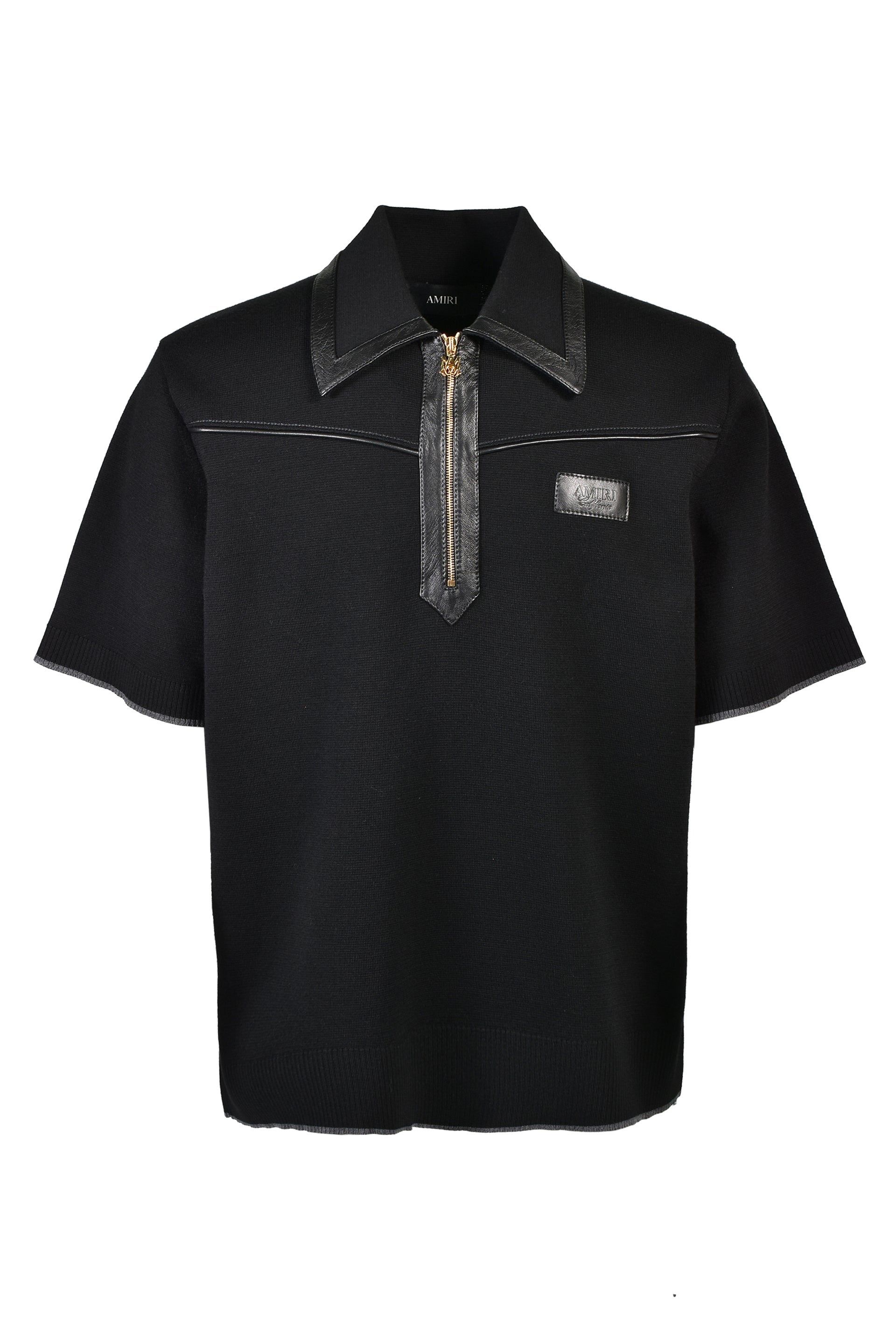 LEATHER TRIM KNIT ZIPPED POLO / BLK