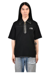 LEATHER TRIM KNIT ZIPPED POLO / BLK