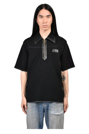 LEATHER TRIM KNIT ZIPPED POLO / BLK