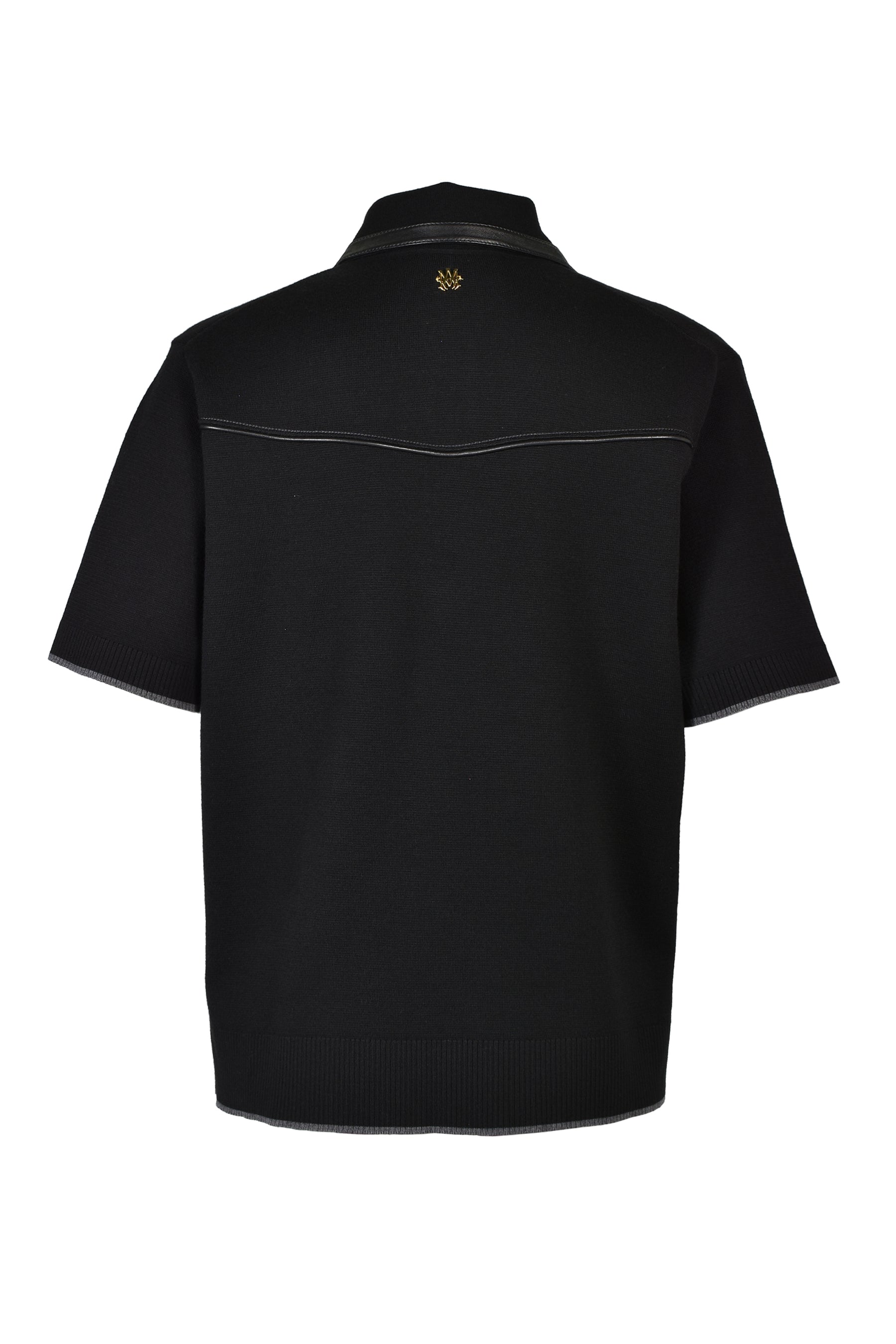 LEATHER TRIM KNIT ZIPPED POLO / BLK