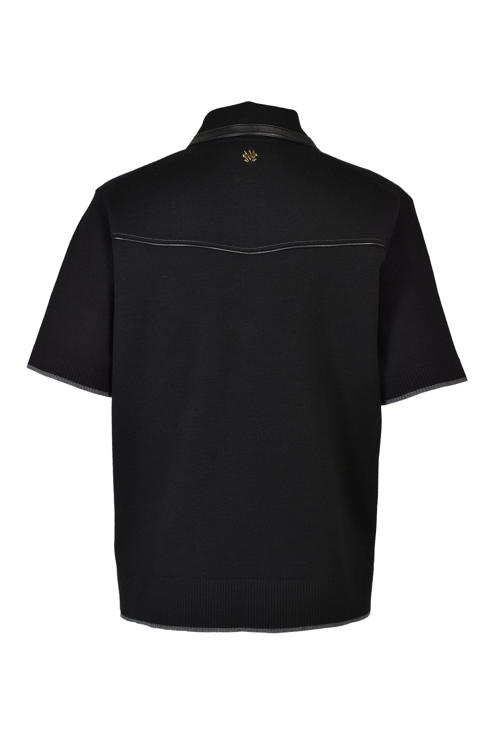 LEATHER TRIM KNIT ZIPPED POLO / BLK