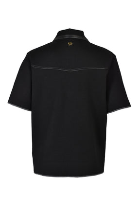 LEATHER TRIM KNIT ZIPPED POLO / BLK