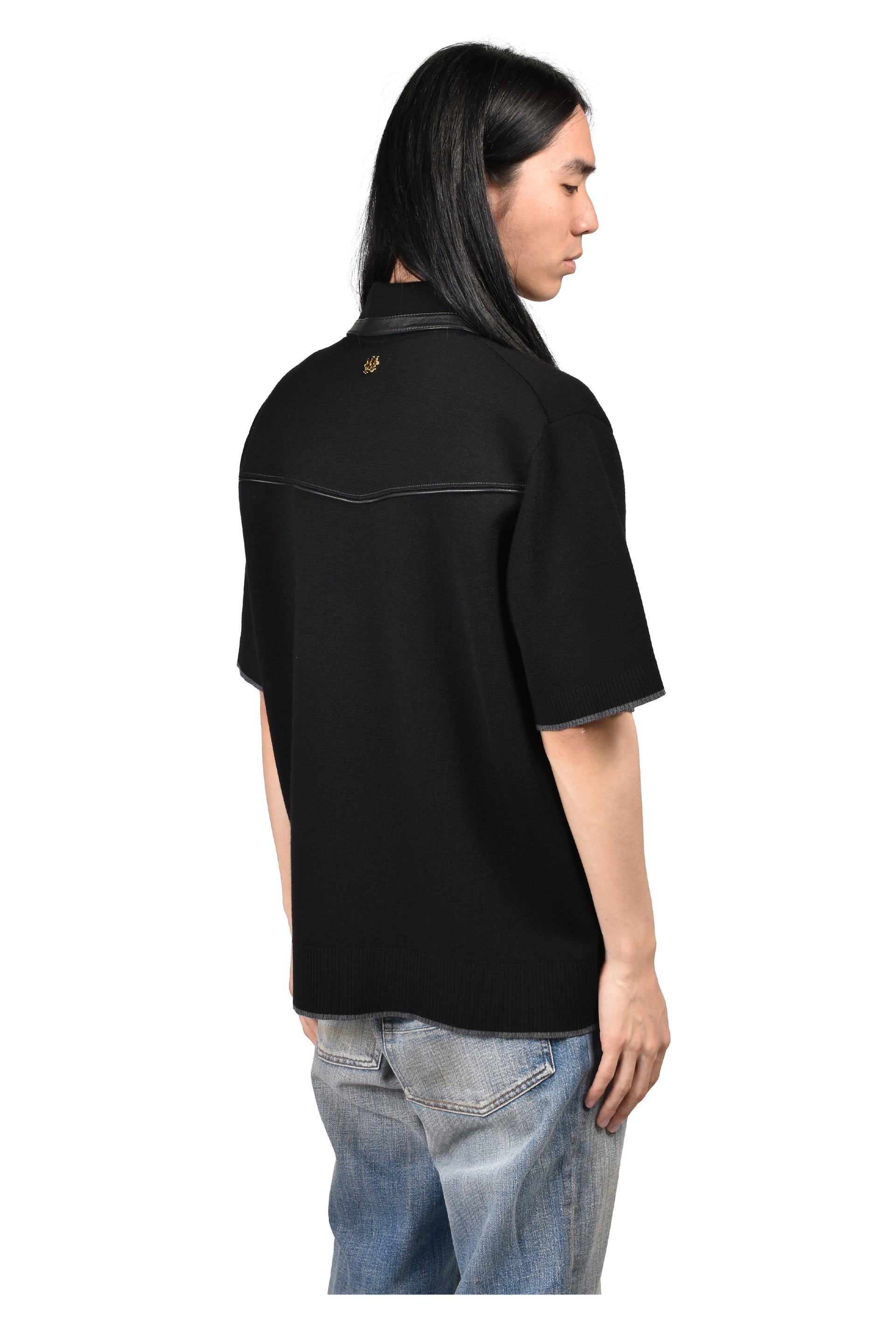 LEATHER TRIM KNIT ZIPPED POLO / BLK