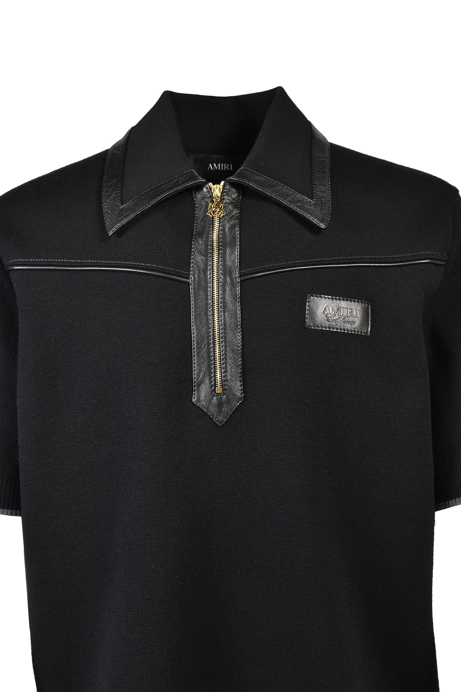 LEATHER TRIM KNIT ZIPPED POLO / BLK