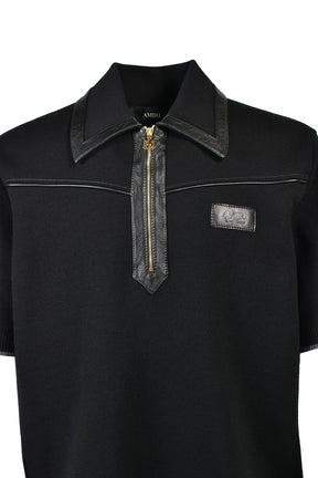 LEATHER TRIM KNIT ZIPPED POLO / BLK