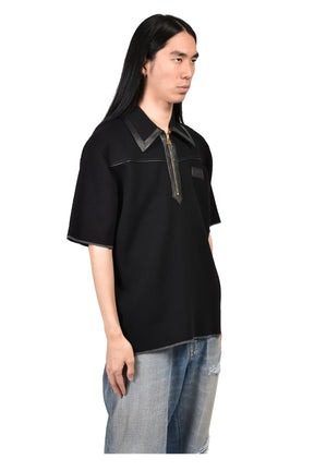 LEATHER TRIM KNIT ZIPPED POLO / BLK