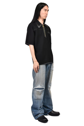 LEATHER TRIM KNIT ZIPPED POLO / BLK