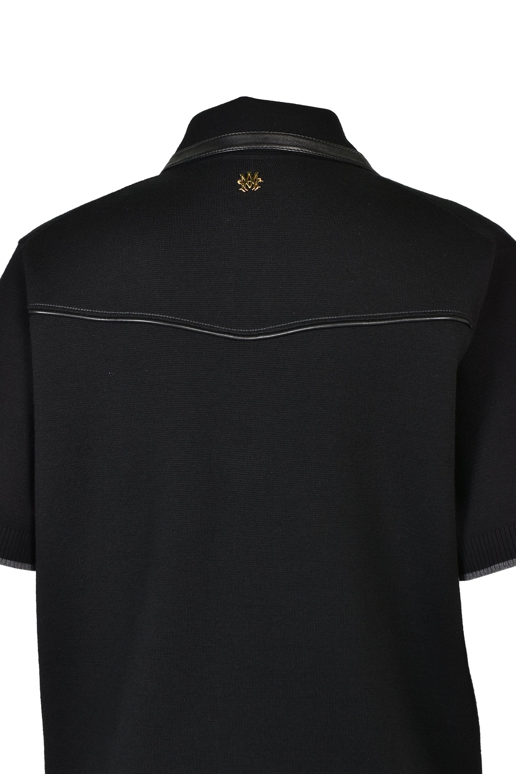LEATHER TRIM KNIT ZIPPED POLO / BLK