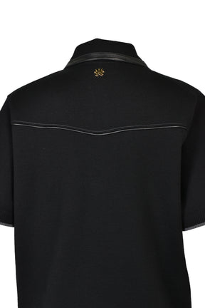 LEATHER TRIM KNIT ZIPPED POLO / BLK